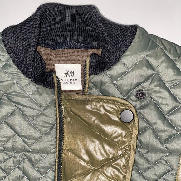 H&M Studio Fall 2015 AW15 Khaki Olive Green Quilted Bomber Jacket Size 4 - Picture 2 of 16